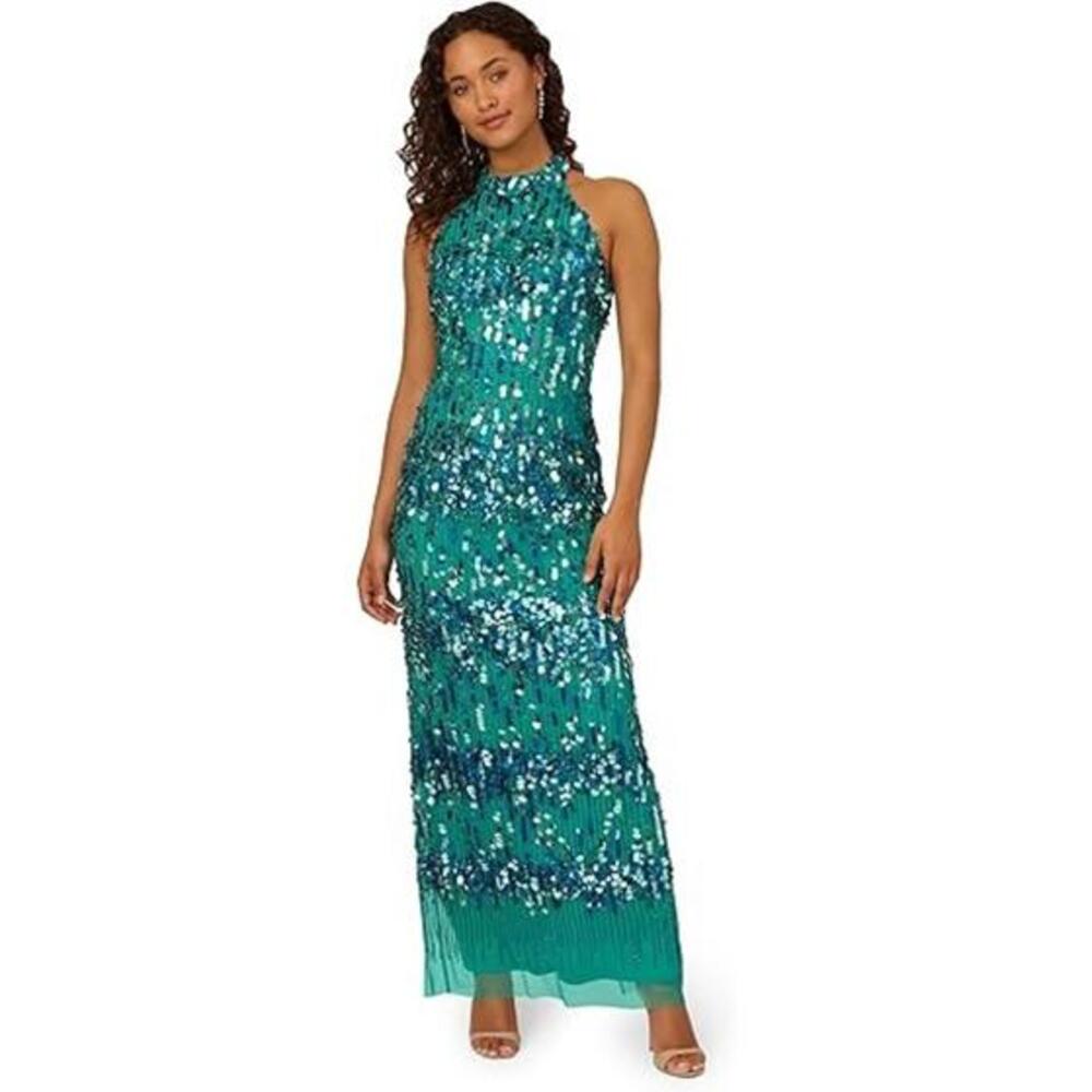 Adrianna Papell Women's Beaded Halter Long Dress sz 4 Exotic Jade Prom Racer
